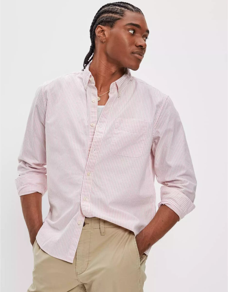 Hauts Flanelle American Eagle AE Everyday Rayé Oxford Button-Up Shirt Rose Homme | UJB-72327853